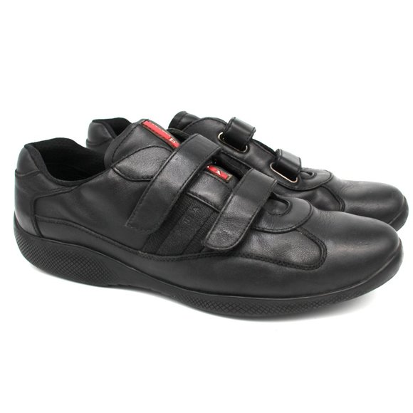 Prada Other - PRADA Black Leather Velcro Strap Trainer Sneakers Tennis Shoes 10 Red Sport